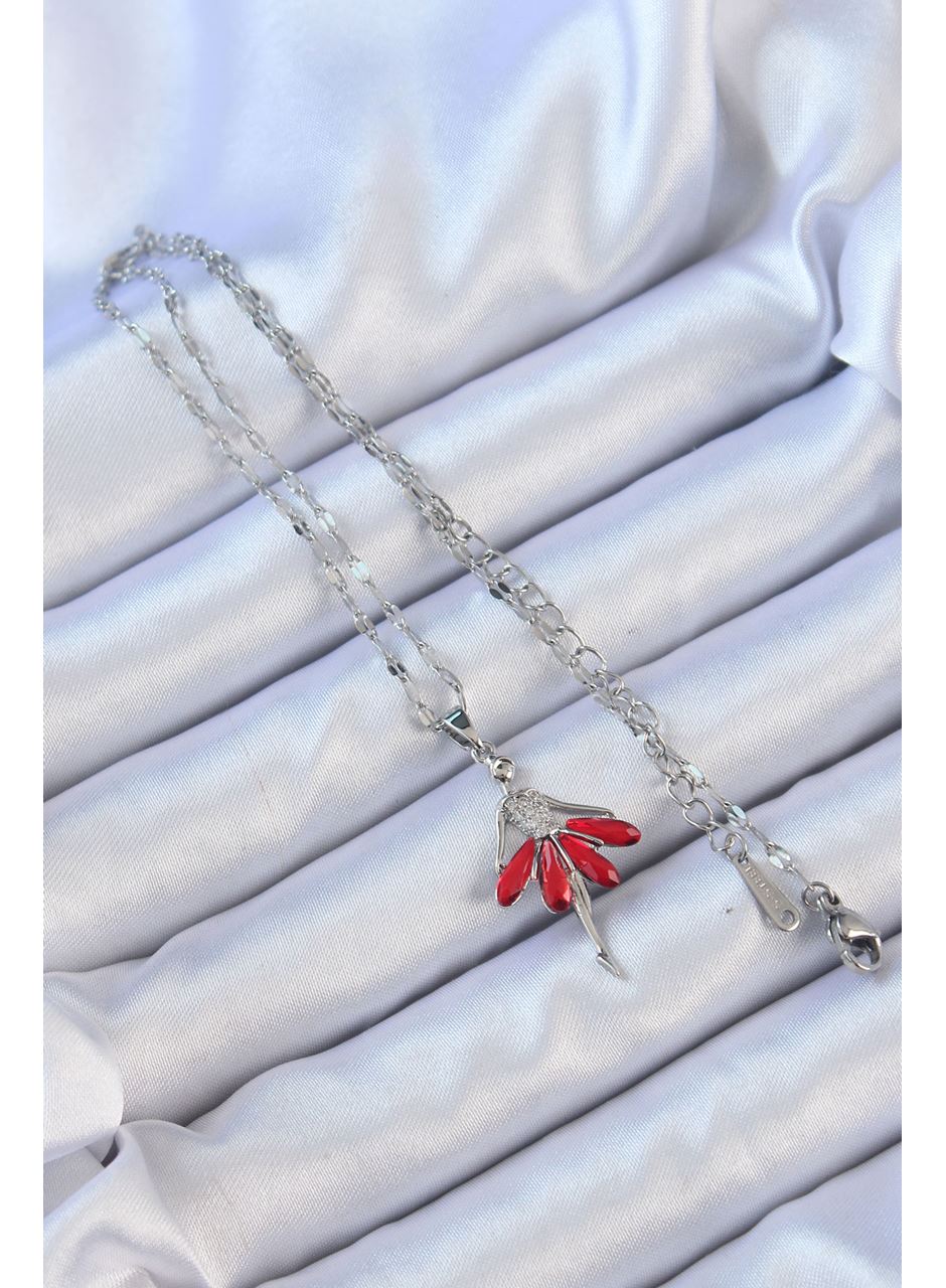 316L Çelik Zincir Gümüş Renk Kırmızı Etekli Zirkon Taşlı Balerin Kolye