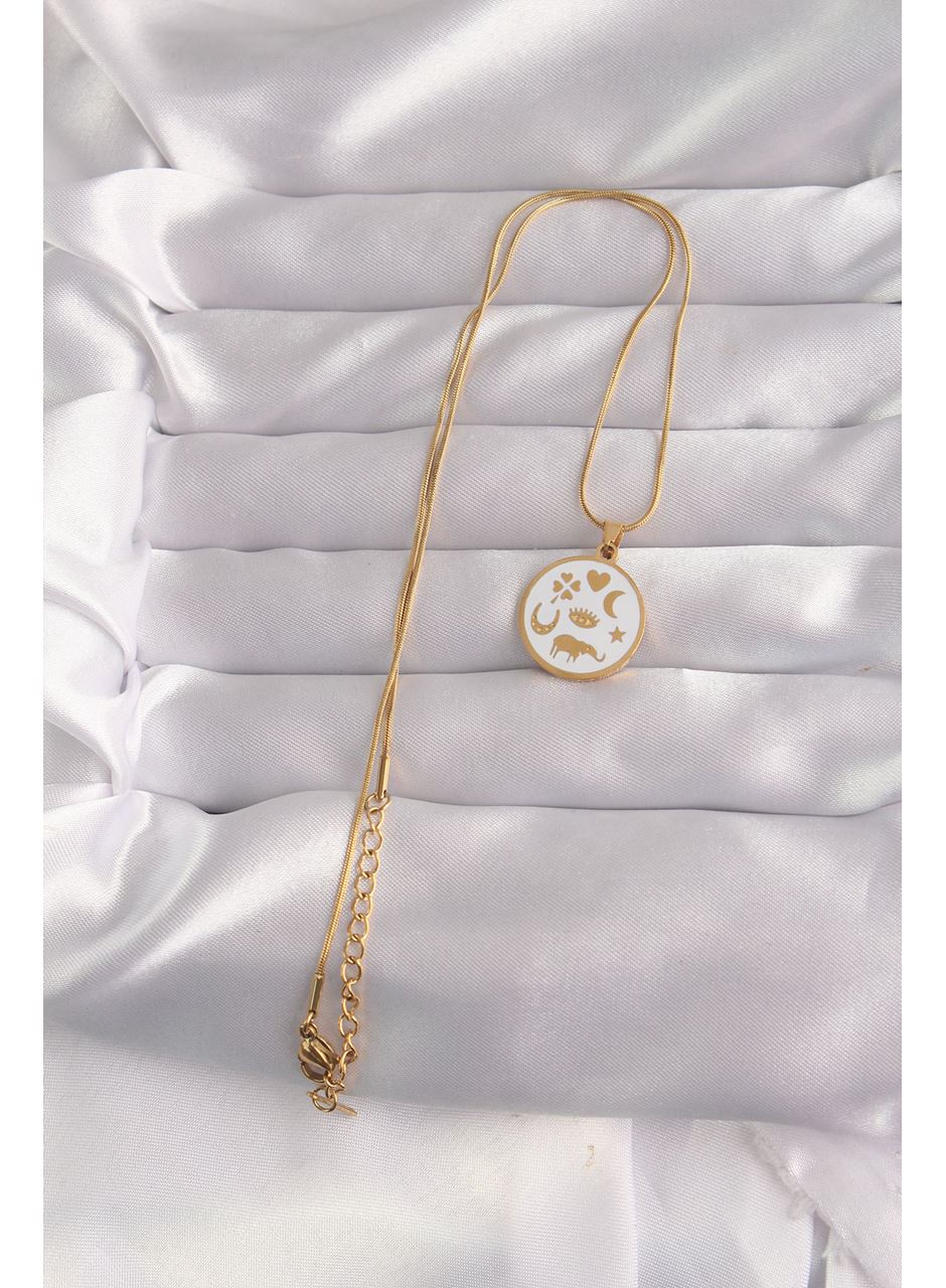 316L Çelik Gold Renk Beyaz Mineli Karışık Figürlü Tarot Kolye