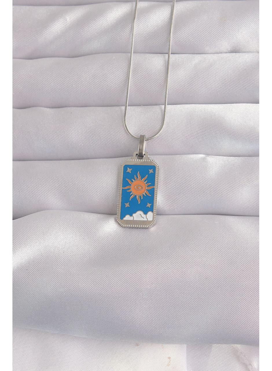 316L Çelik Gümüş Renk Mavi Mineli Güneş Model Tarot Kolye