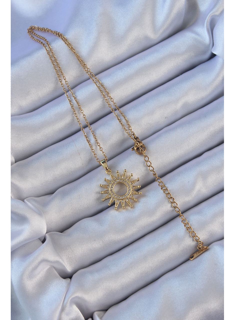 316L Çelik Zincir Altın Renk Zirkon Taşlı Parlayan Güneş Kolye