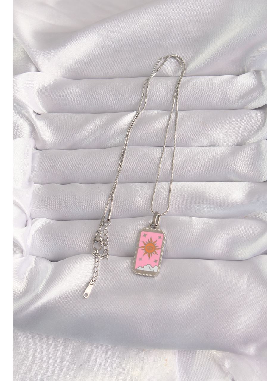 316L Çelik Gümüş Renk Pembe Mineli Güneş Model Tarot Kolye