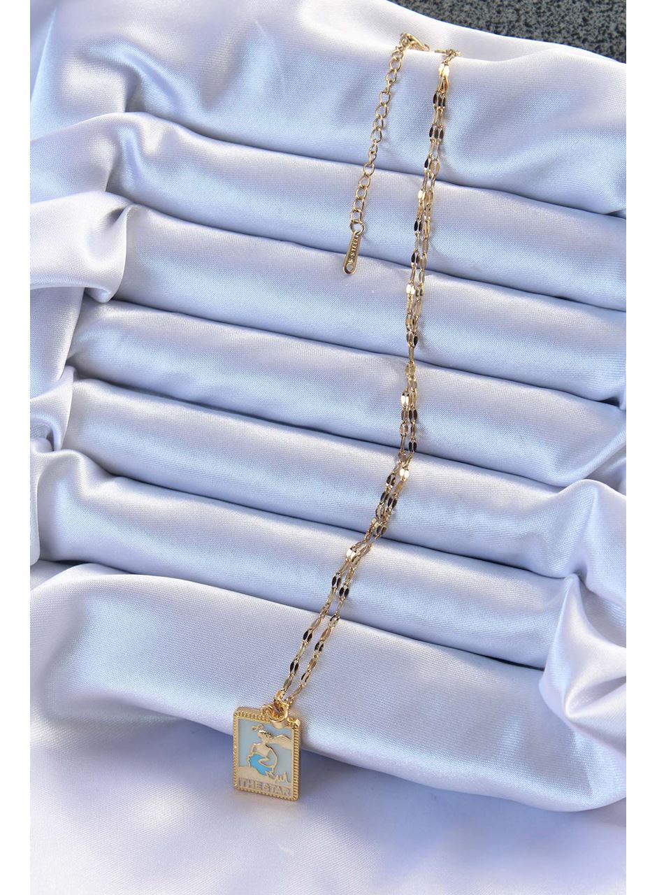 316L Çelik Zincir Altın Renk Mavi Mineli Tarot Kolye