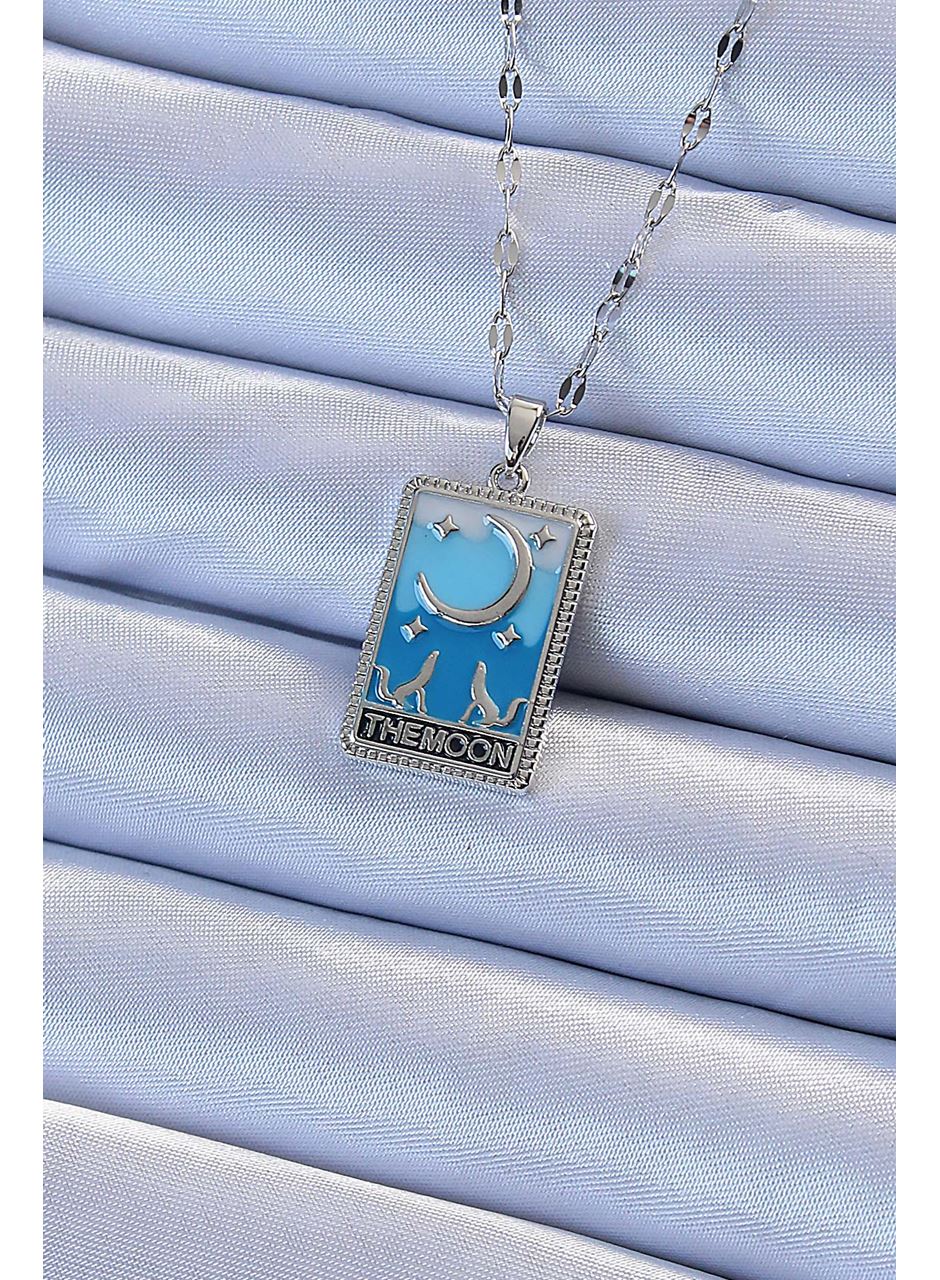 316L Çelik Zincir Gümüş Renk Mavi Mineli Ay Figür Tarot Kolye