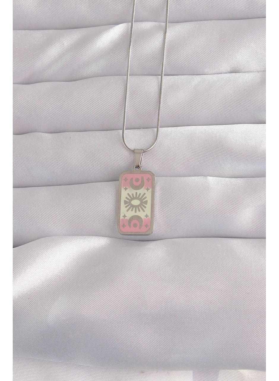 316L Çelik Gümüş Renk Pembe Mineli Ay Figür Tarot Kolye