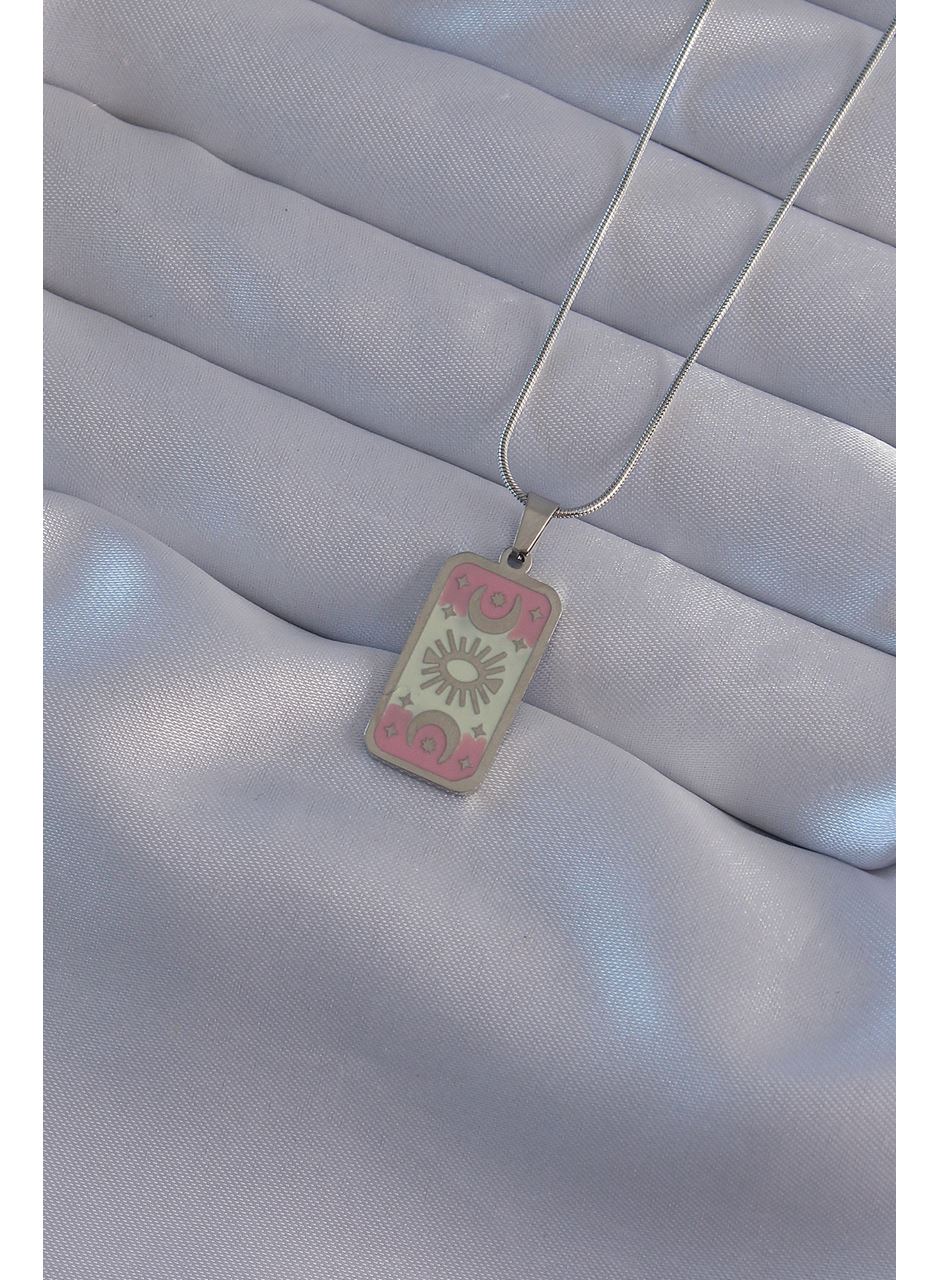 316L Çelik Gümüş Renk Pembe Mineli Ay Figür Tarot Kolye