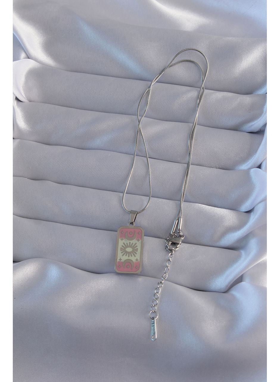 316L Çelik Gümüş Renk Pembe Mineli Ay Figür Tarot Kolye