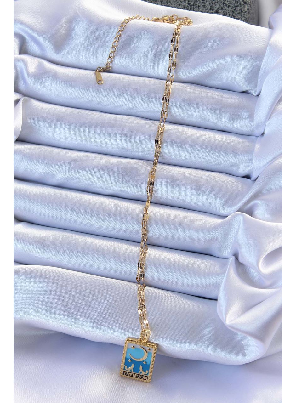 316L Çelik Zincir Altın Renk Mavi Mineli Ay Figür Tarot Kolye