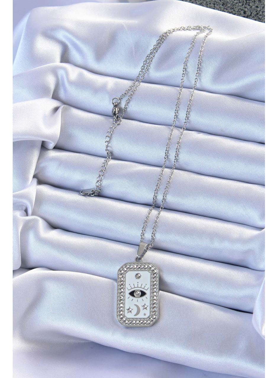 316L Çelik Zincir Gümüş Renk Mineli Zirkon Taşlı Göz Figür Tarot Kolye