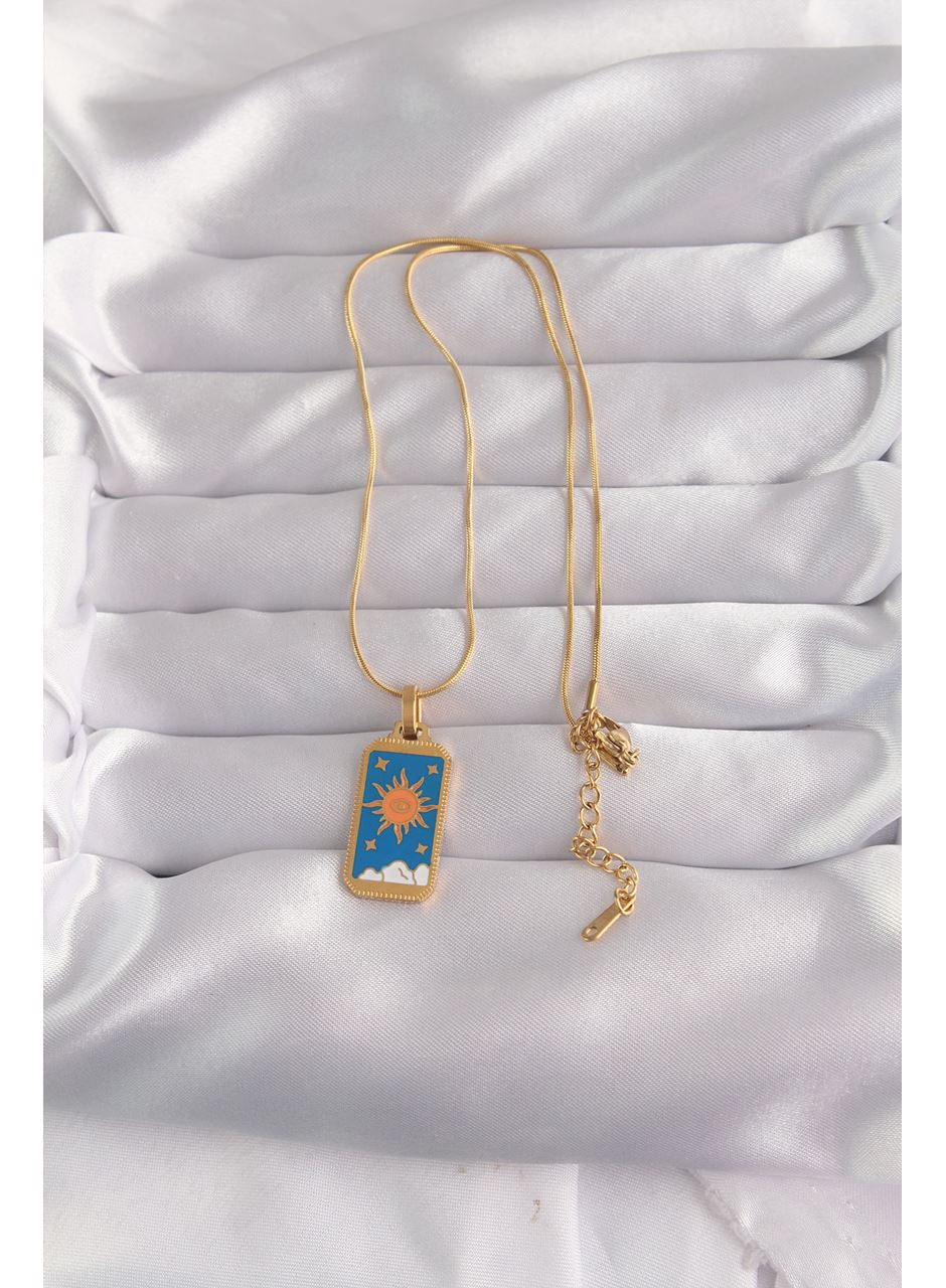 316L Çelik Gold Renk Mavi Mineli Güneş Model Tarot Kolye