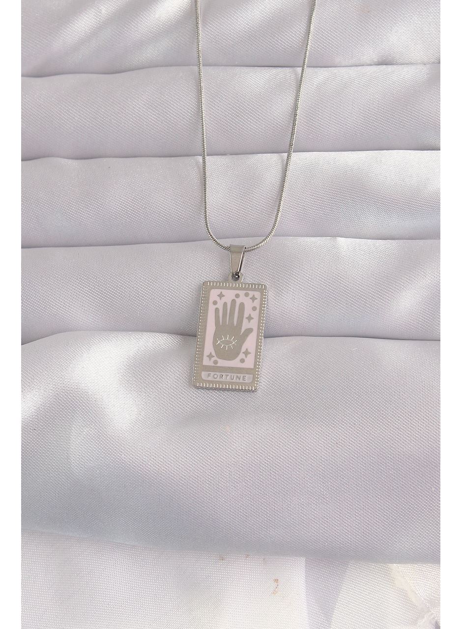 316L Çelik Gümüş Renk Pembe Mineli El Figür Tarot Kolye