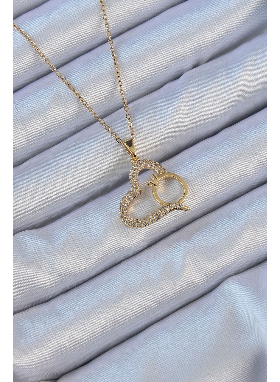 316L Çelik Zincir Altın Renk Zirkon Taşlı Yüzüklü Kalp Kolye