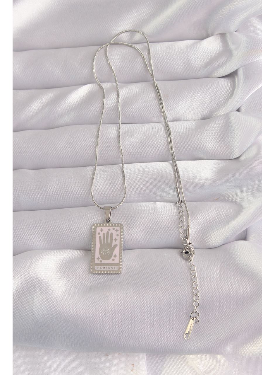 316L Çelik Gümüş Renk Pembe Mineli El Figür Tarot Kolye