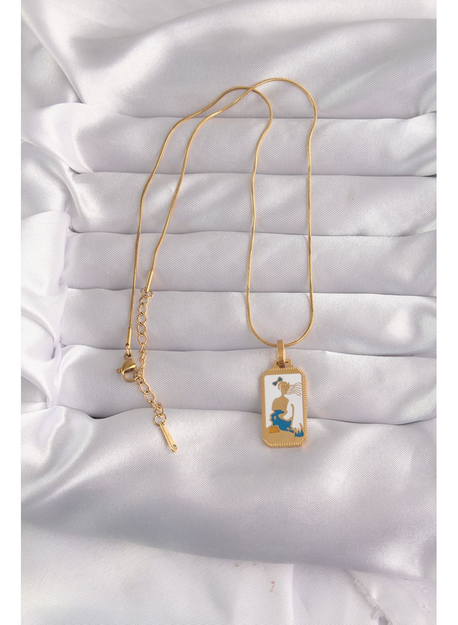 316L Çelik Gold Renk Beyaz Mineli Kız Figür Tarot Kolye