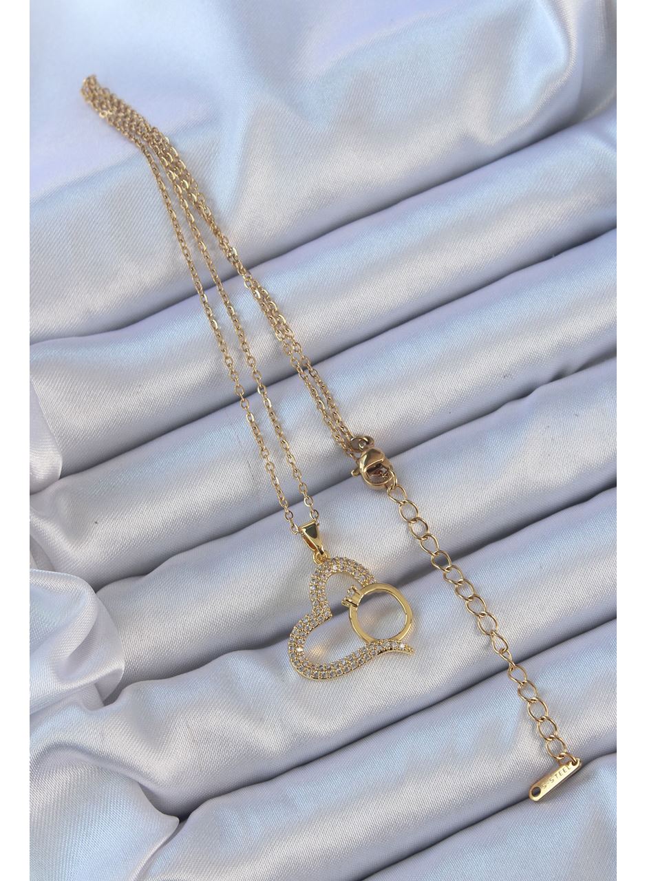 316L Çelik Zincir Altın Renk Zirkon Taşlı Yüzüklü Kalp Kolye