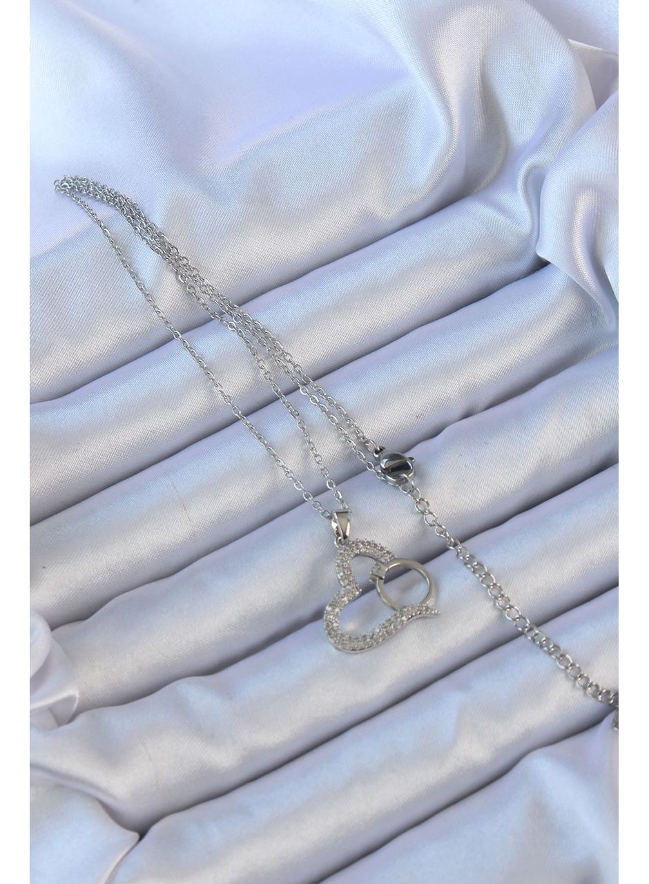 316L Çelik Zincir Gümüş Renk Zirkon Taşlı Yüzüklü Kalp Kolye