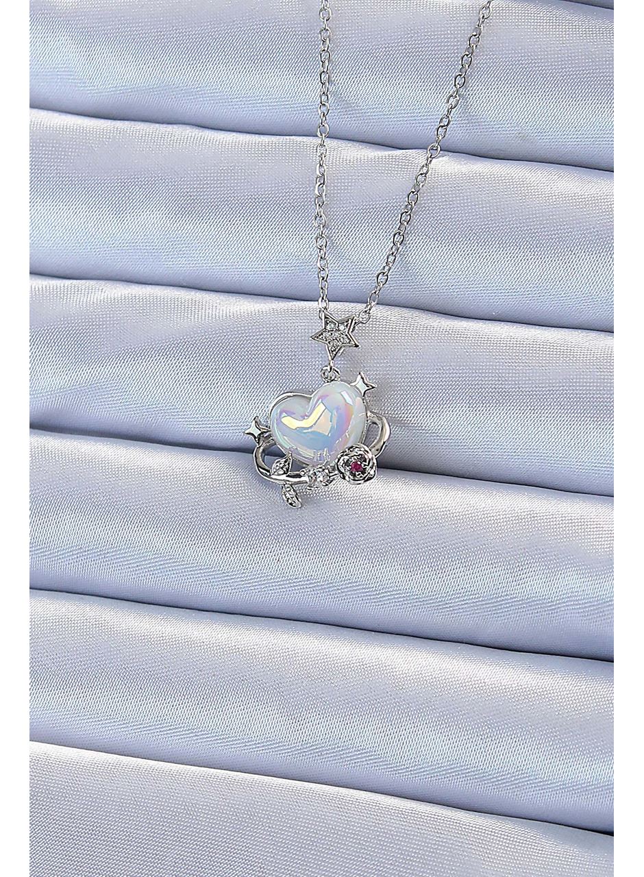 316L Çelik Zincir Gümüş Renk Zirkon Taşlı Gezegen Görünümlü Kalp Kolye