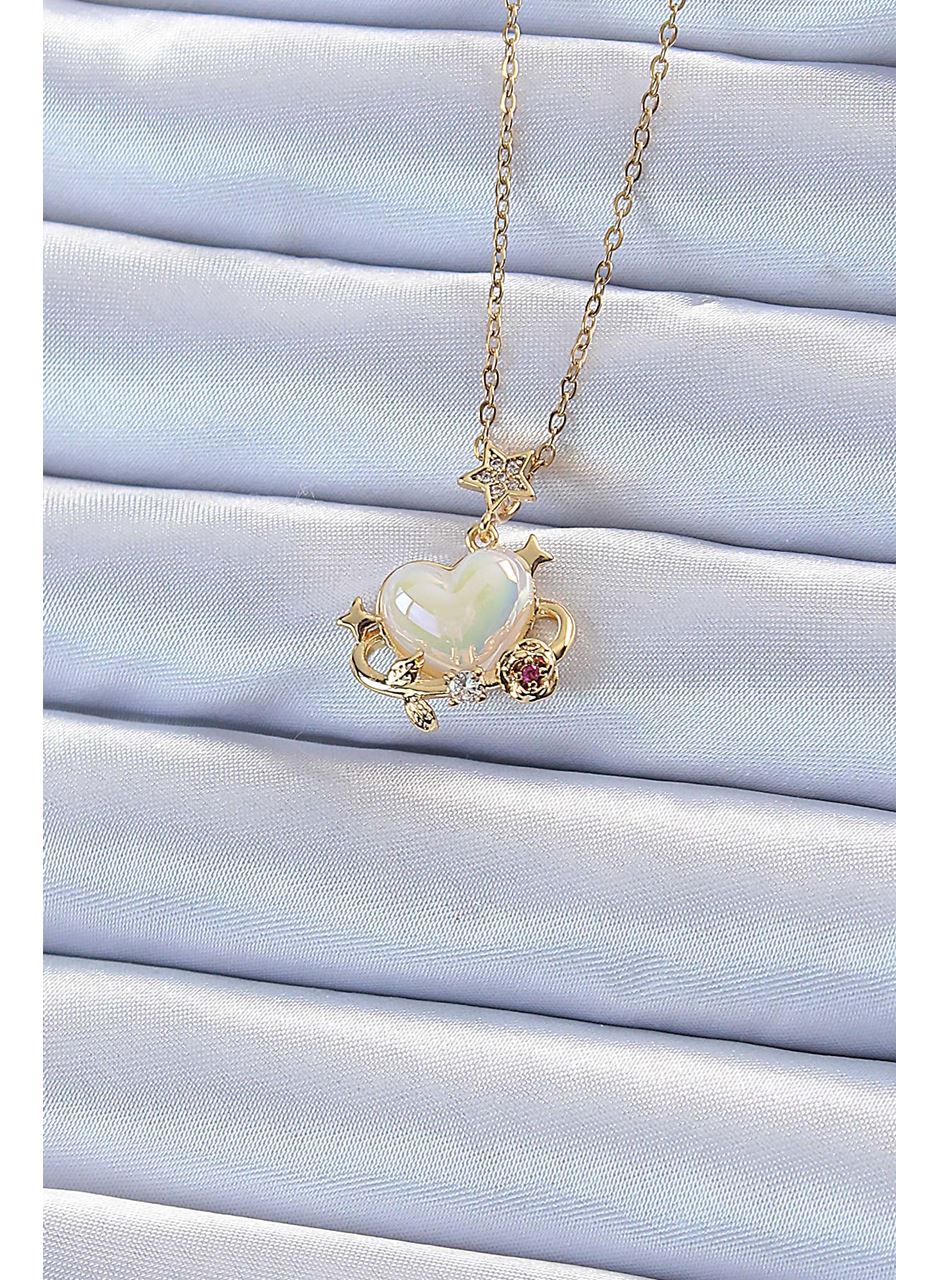 316L Çelik Zincir Altın Renk Zirkon Taşlı Gezegen Görünümlü Kalp Kolye