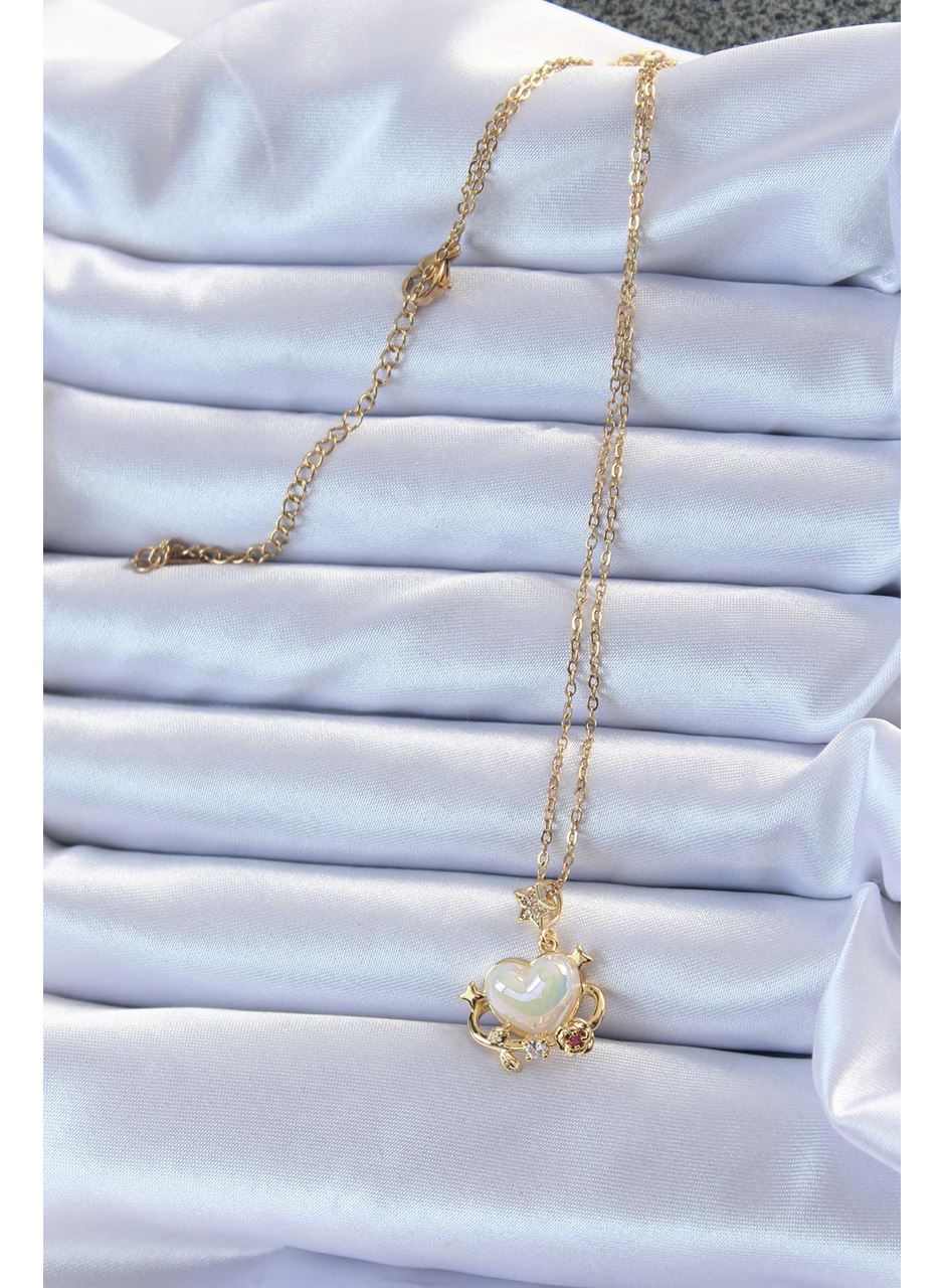 316L Çelik Zincir Altın Renk Zirkon Taşlı Gezegen Görünümlü Kalp Kolye