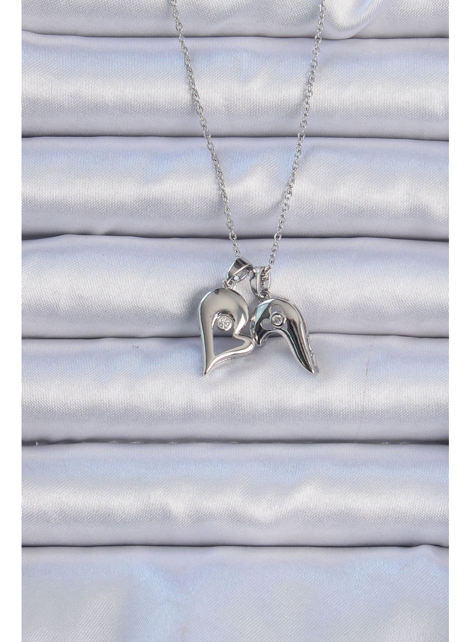 316L Çelik Zincir Gümüş Renk Zirkon Taşlı Mıknatıslı Kalp Kolye