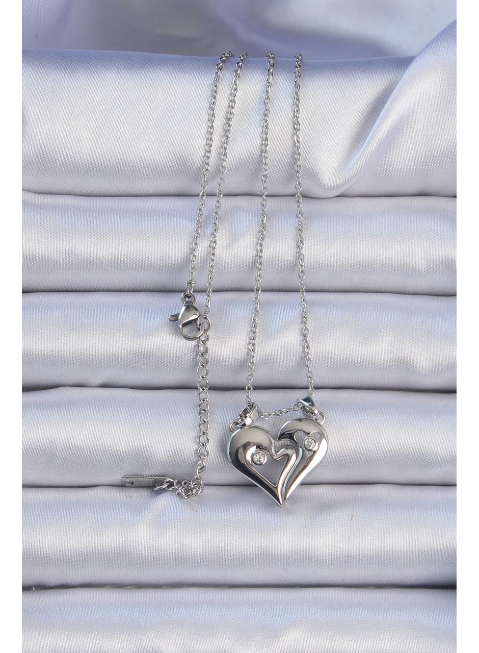 316L Çelik Zincir Gümüş Renk Zirkon Taşlı Mıknatıslı Kalp Kolye