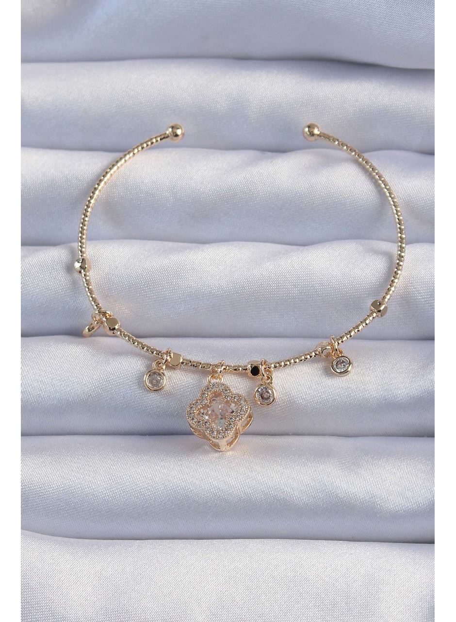 Pirinç Altın Renk Zirkon Taşlı Yonca Model Charm Bileklik