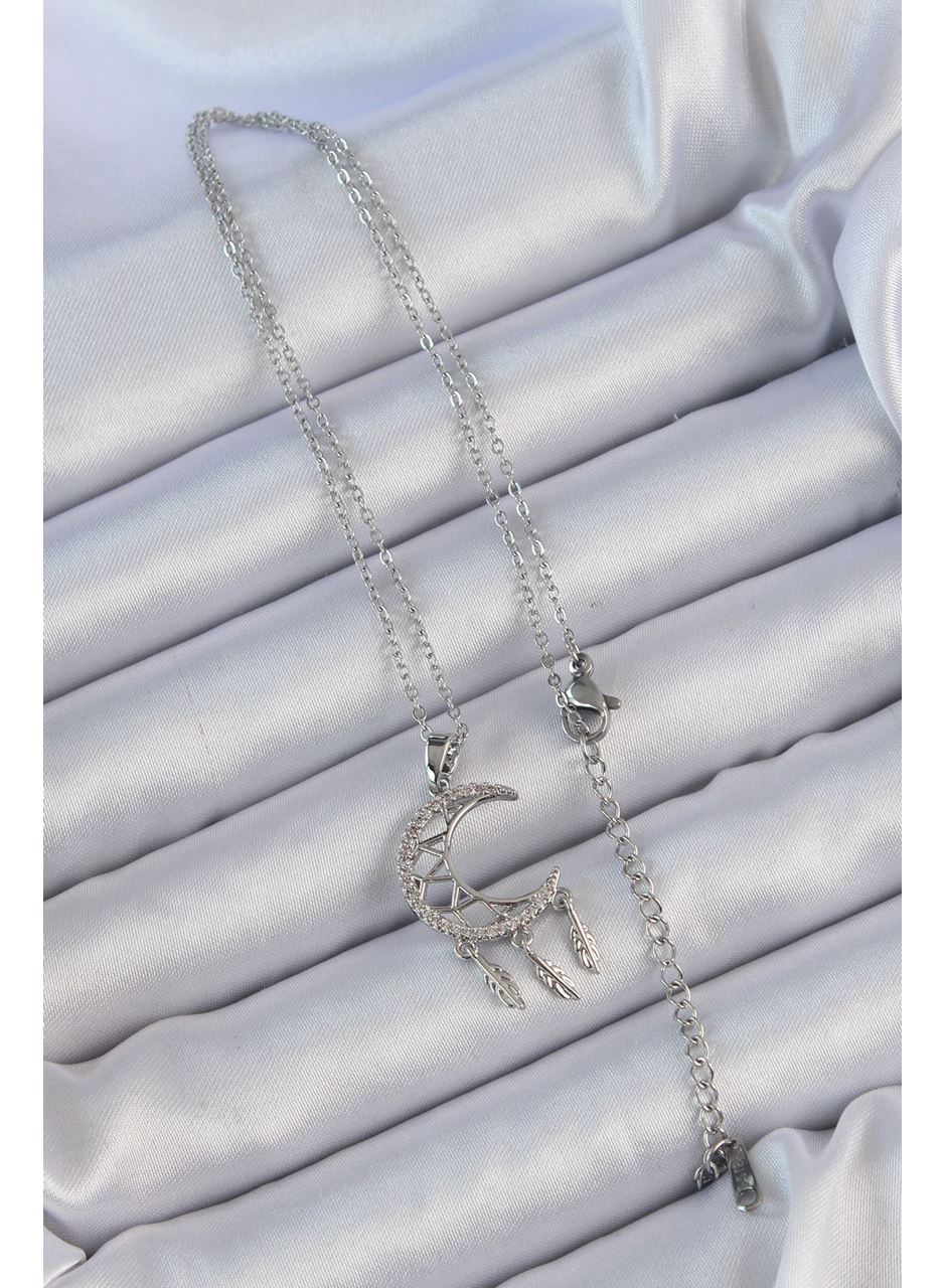 316L Çelik Zincir Gümüş Renk İşlemeli Zirkon Taşlı Ay Kolye