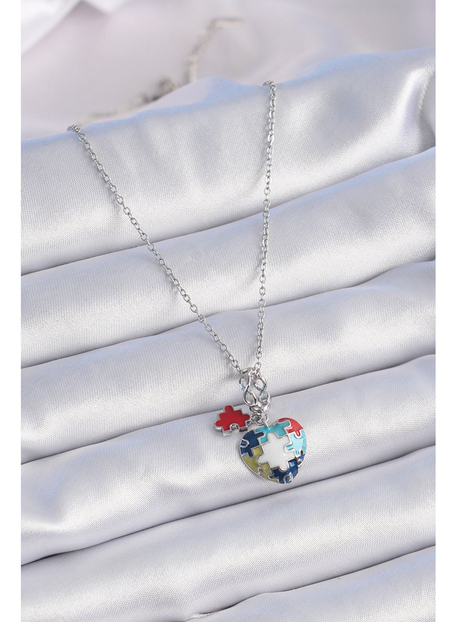 316L Çelik Gümüş Renk Yapboz Motif Kalp Figür Charm Model Kadın Kolye