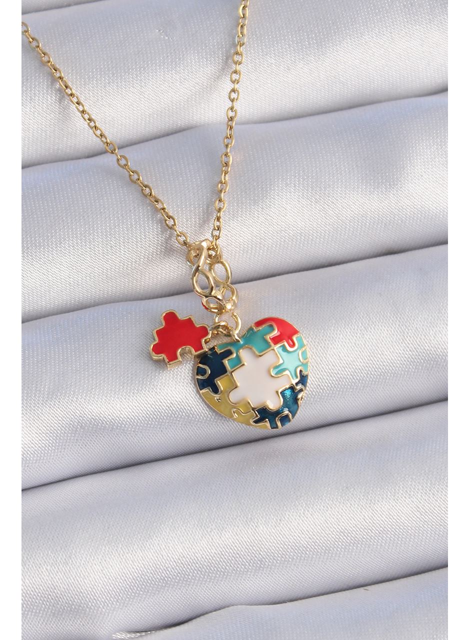 316L Çelik Gold Renk Yapboz Motif Kalp Figür Charm Model Kadın Kolye