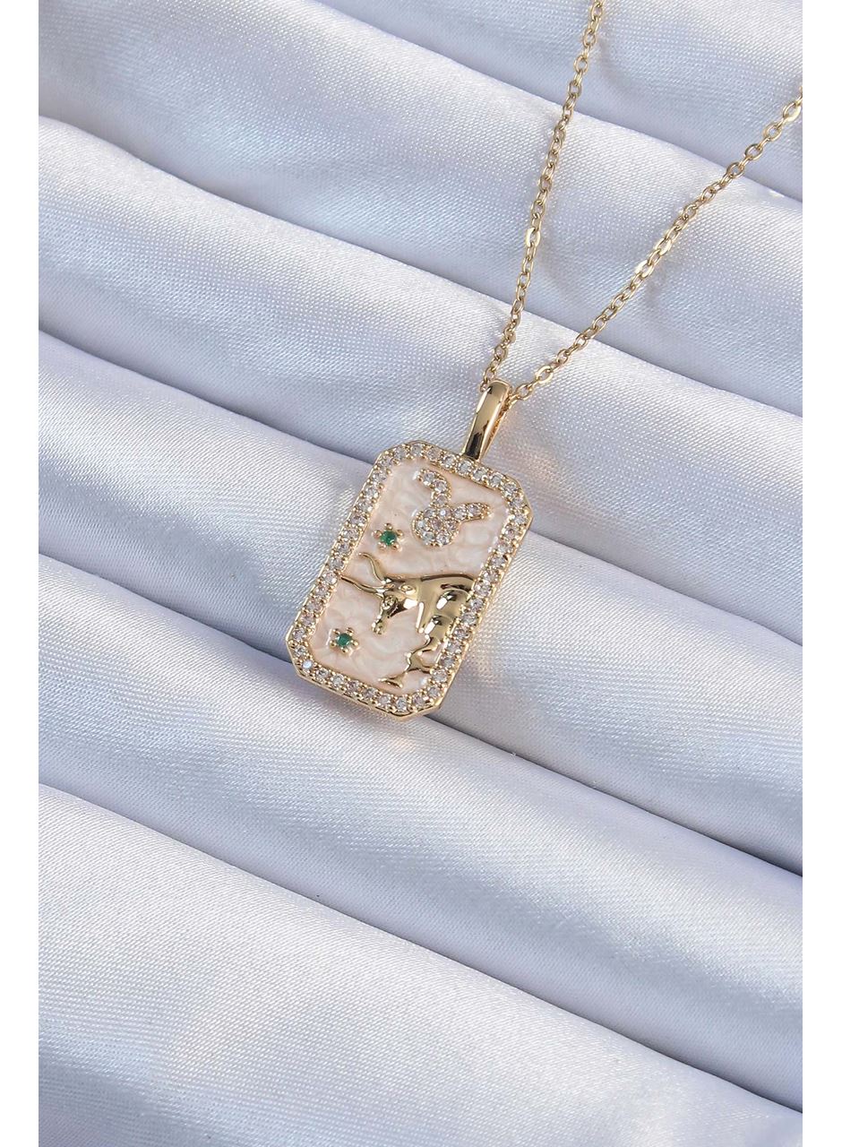 316L Çelik Zincir Altın Renk Zirkon Taşlı Boğa Figürlü Tarot Kolye