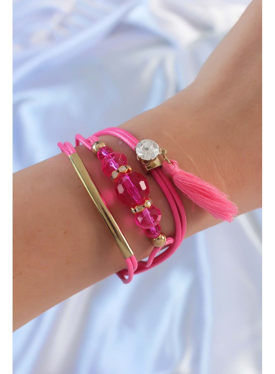 Pembe Zirkon Taşlı İpli Püskül Detay Çoklu Bileklik