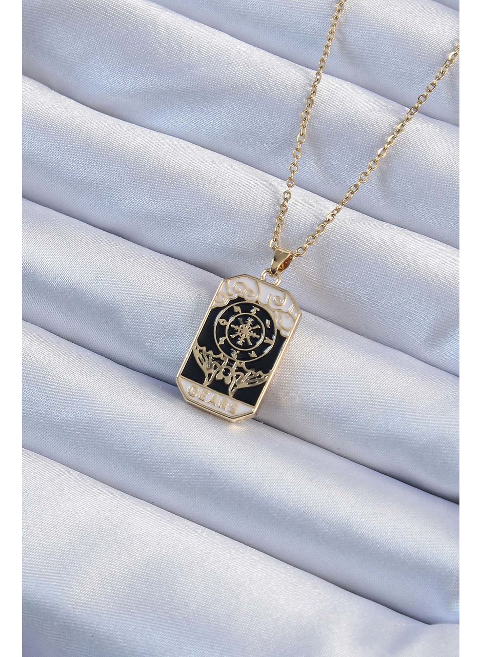316L Çelik Zincir Altın Renk İşlemeli Siyah Mineli Tarot Kolye