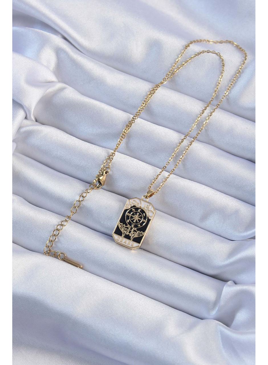 316L Çelik Zincir Altın Renk İşlemeli Siyah Mineli Tarot Kolye
