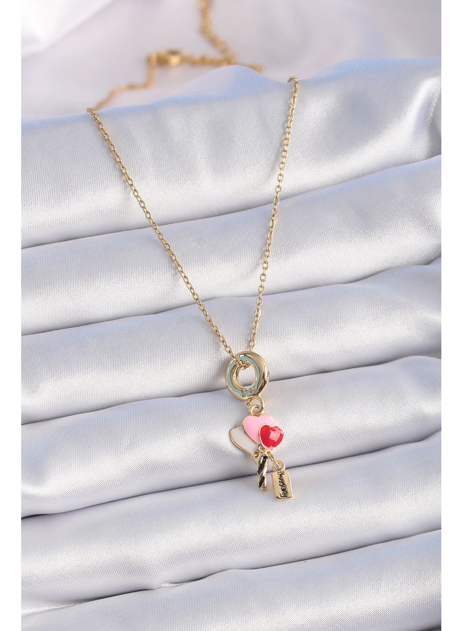 316L Çelik Gold Renk Renkli Kalp Figür Charm Model Kadın Kolye