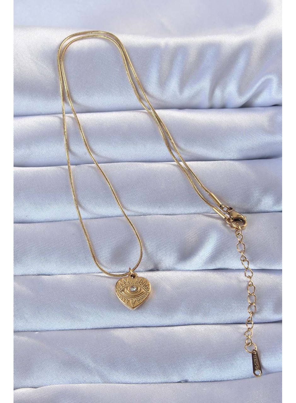 316L Altın Renk Zirkon Taşlı İşlemeli Göz Detay Kalp Kolye