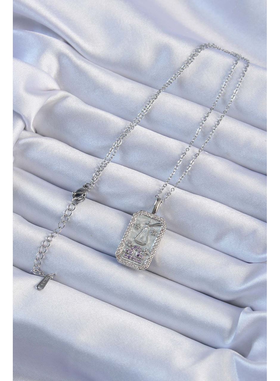 316L Çelik Zincir Gümüş Renk Lila Zirkon Taşlı Tarot Kolye