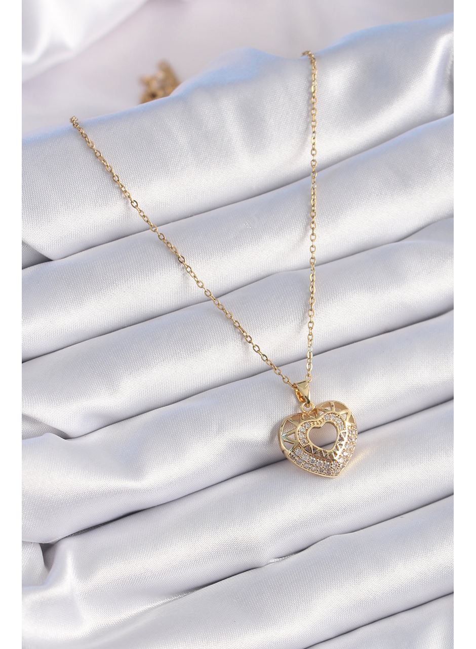 316L Çelik Gold Renk Zirkon Taşlı Kalp Model Vintage Kadın Kolye