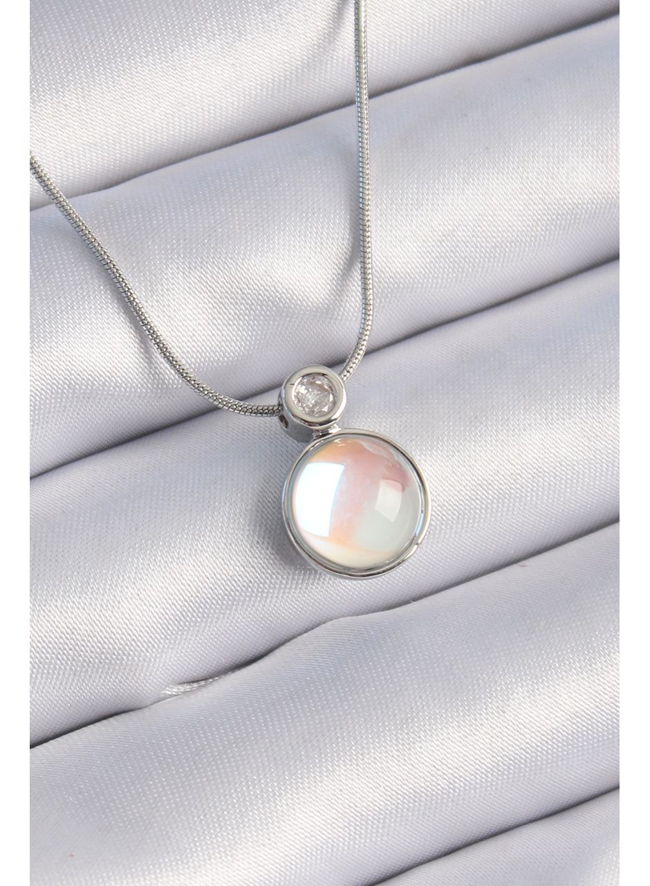 316L Çelik Gümüş Renk Beyaz Sedefli Vintage Model Kadın Kolye