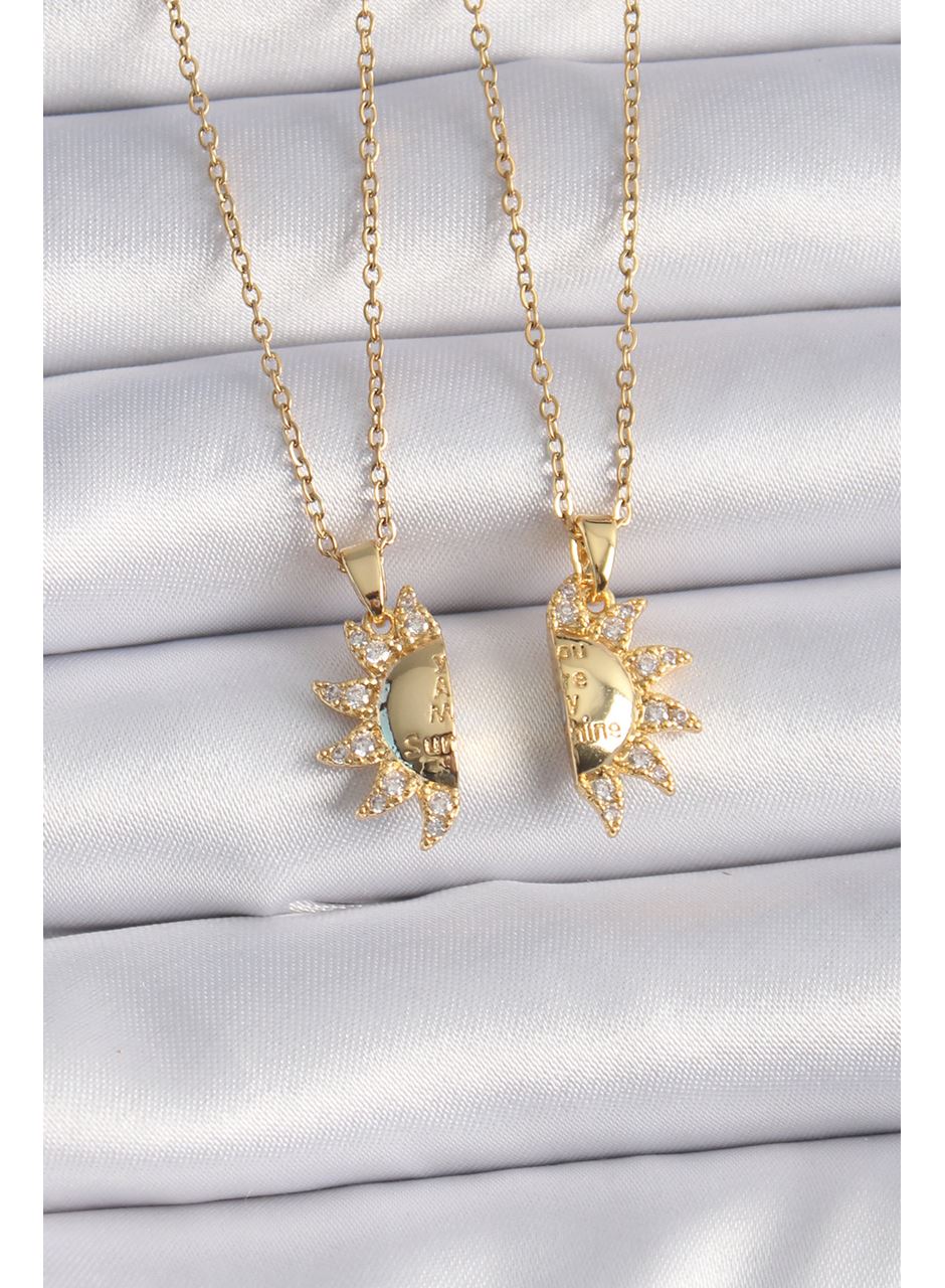 316L Çelik Gold Renk Zirkon Taşlı Güneş Model İşleme Yazı Detay Arkadaş Kolyesi