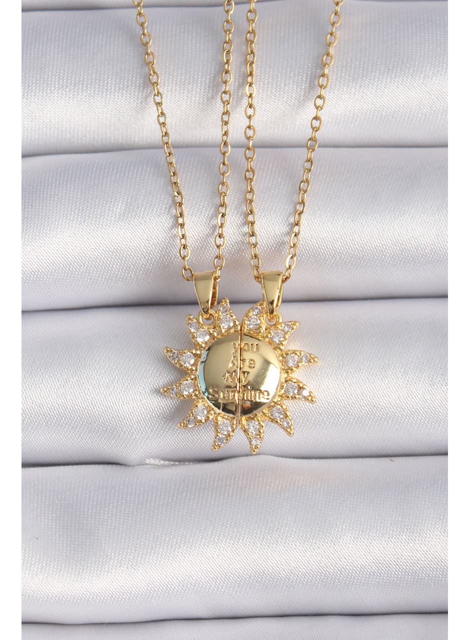 316L Çelik Gold Renk Zirkon Taşlı Güneş Model İşleme Yazı Detay Arkadaş Kolyesi