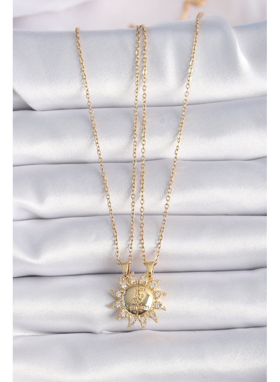 316L Çelik Gold Renk Zirkon Taşlı Güneş Model İşleme Yazı Detay Arkadaş Kolyesi