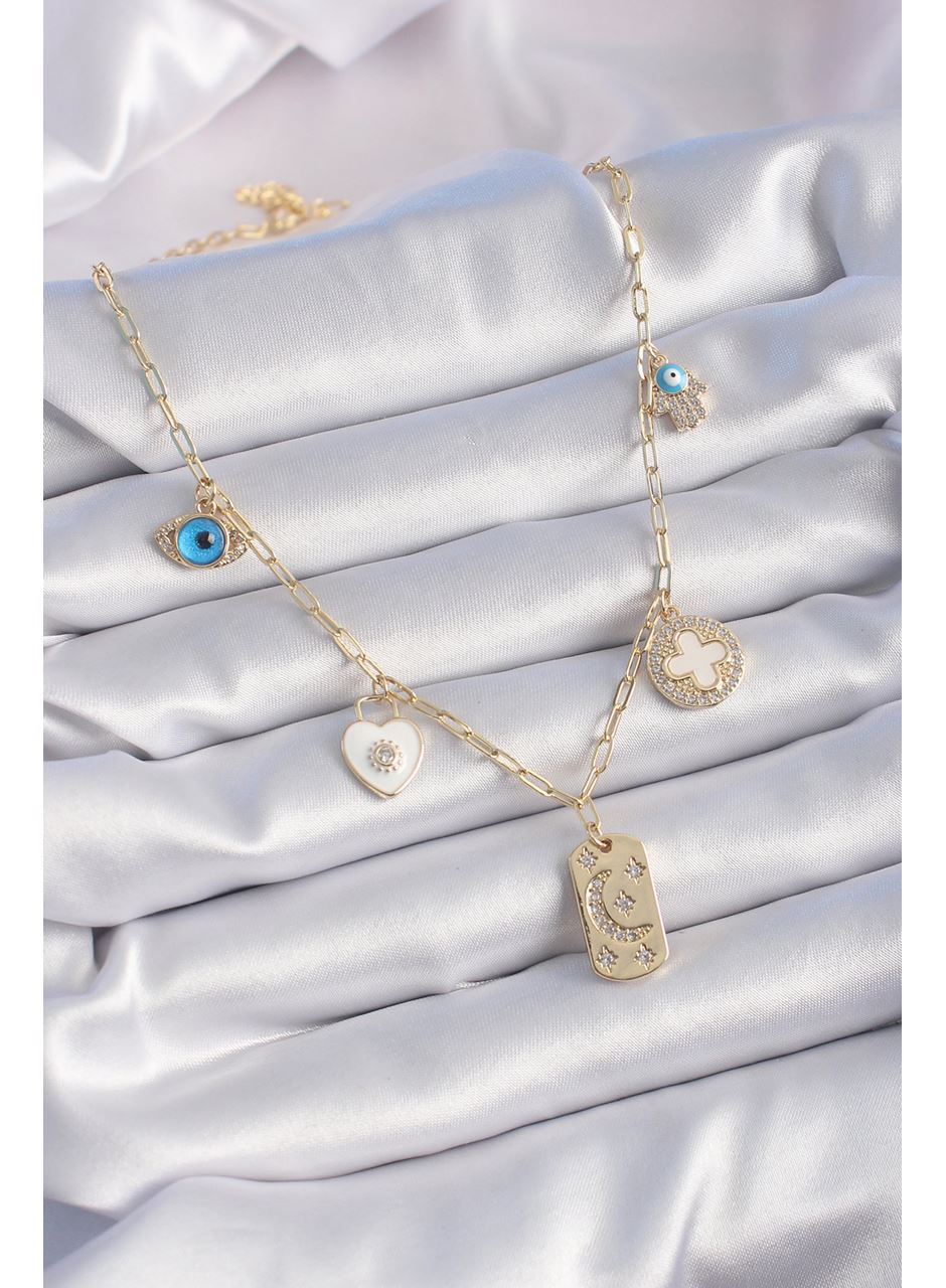 Gold Renk Zirkon Taşlı Çoklu Figür Model Şans Kolyesi