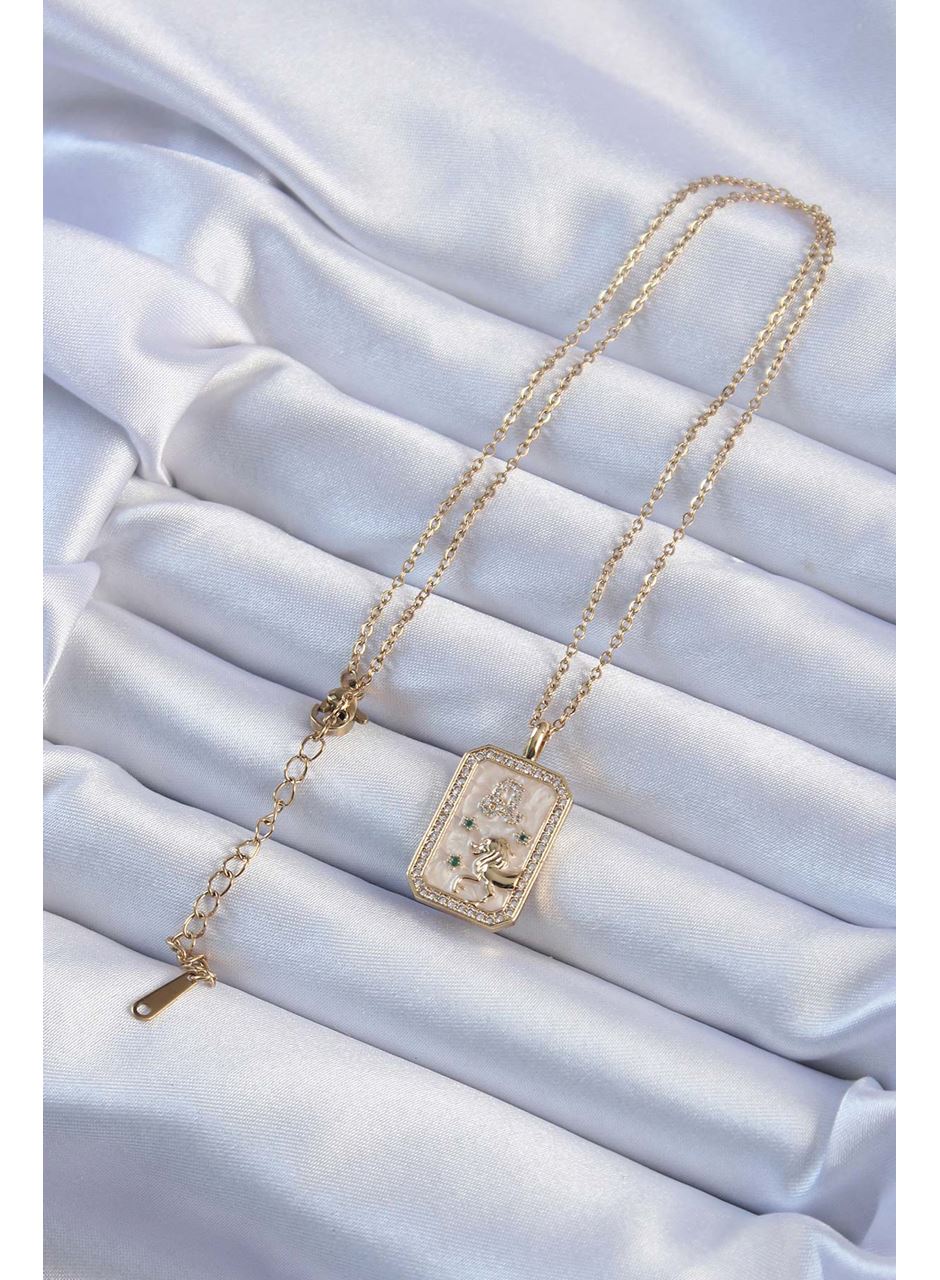 316L Çelik Zincir Altın Renk Zirkon Taşlı Aslan Figürlü Tarot Kolye