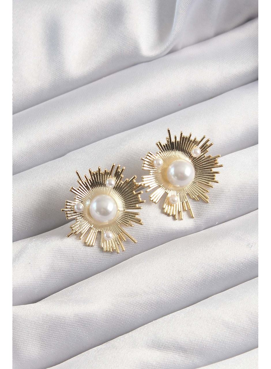 Pirinç Gold Renk Zirkon Taşlı Parlayan İnci Taneleri Küpe