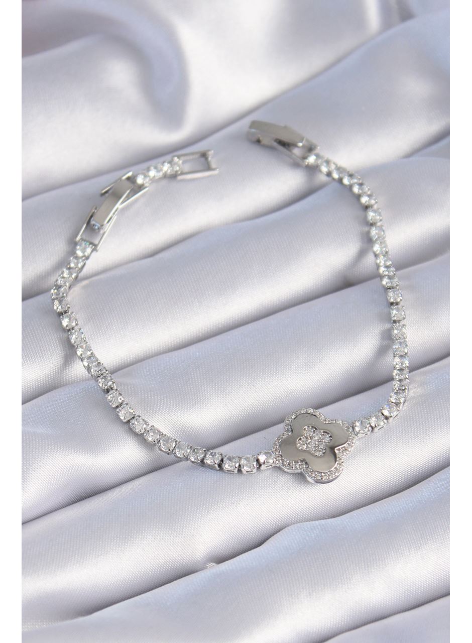 Pirinç Gümüş Renk Zirkon Taşlı Yonca Model Kadın Bileklik