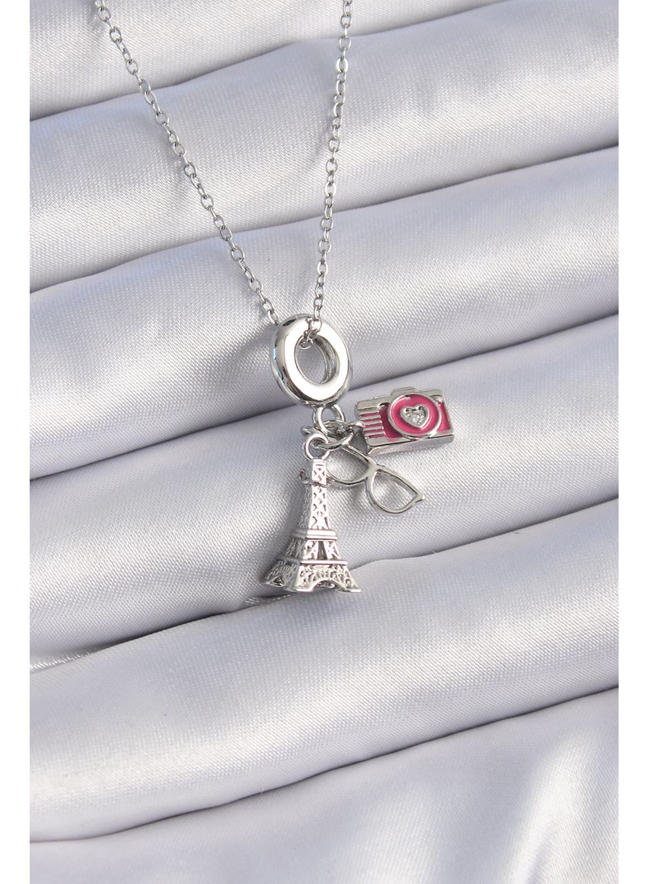 316L Çelik Gümüş Renk Eyfel Kule Fotoğraf Makinesi Model Charm Kadın Kolye