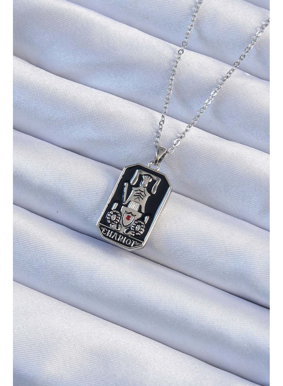 316L Çelik Zincir Gümüş Renk Siyah Mineli Tarot Kolye