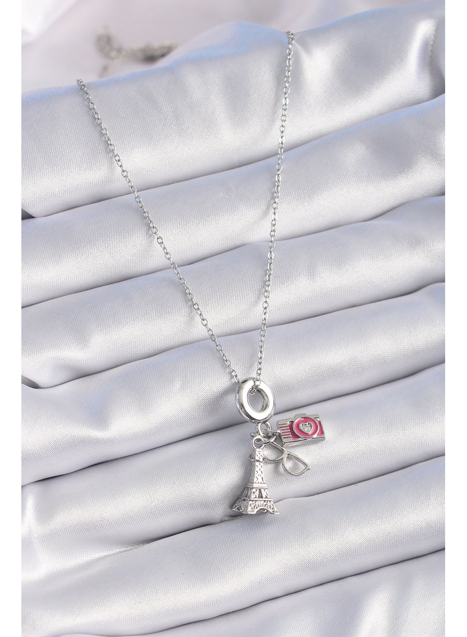 316L Çelik Gümüş Renk Eyfel Kule Fotoğraf Makinesi Model Charm Kadın Kolye