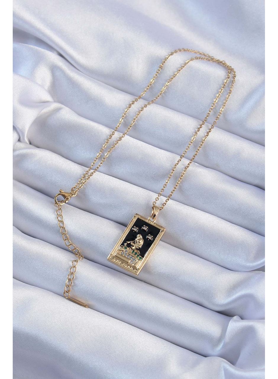 316L Çelik Zincir Altın Renk Zirkon Taşlı Siyah Mineli Kız Figürlü Tarot Kolye