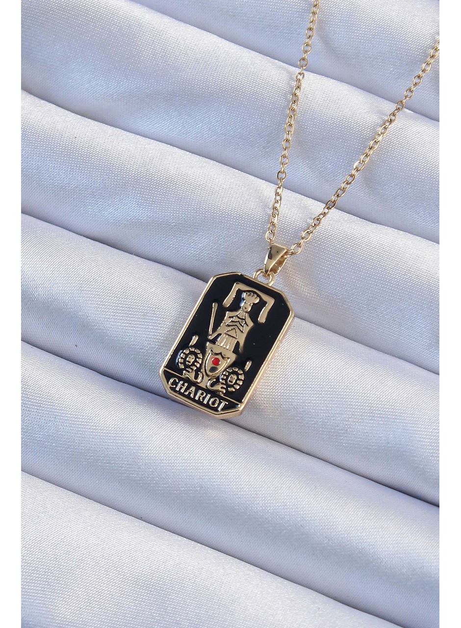 316L Çelik Zincir Altın Renk Siyah Mineli Tarot Kolye