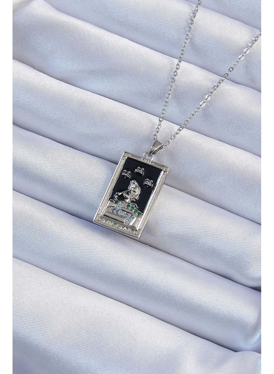 316L Çelik Zincir Gümüş Renk Zirkon Taşlı Siyah Mineli Kız Figürlü Tarot Kolye